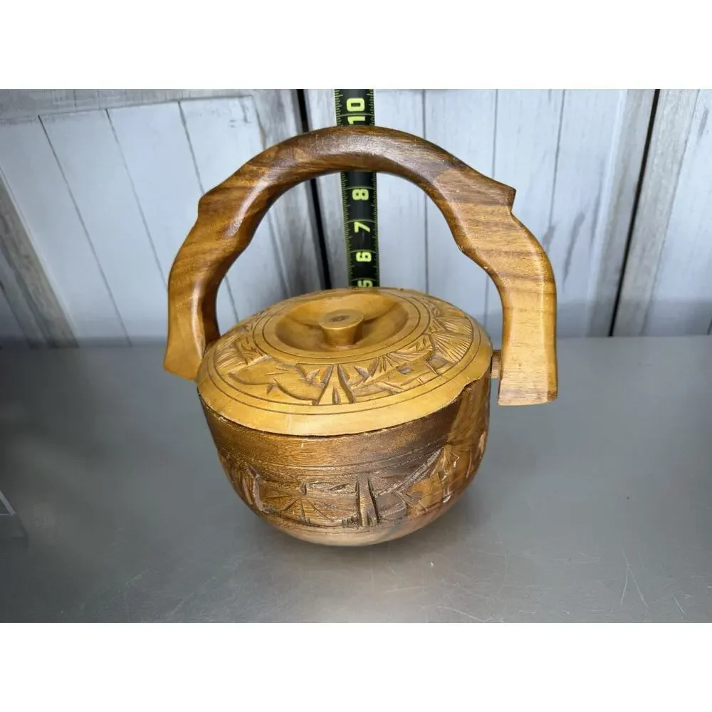 MCM Tiki Vintage Ice Bucket Wood Hand Carved W/ Handle Asian Mountains